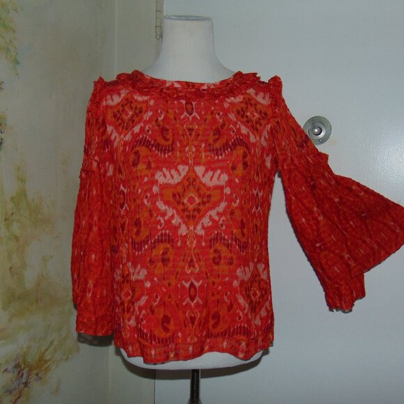 Tory Burch Womens Silk Long Sleeve Ruffle Neck Blouse Top Boho Orange Red Size 6 - Picture 2 of 9